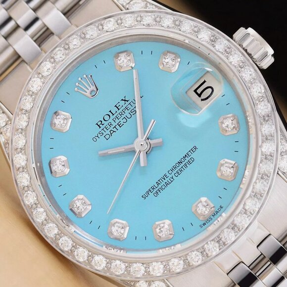 Sale! Ladies Rolex Midsize 31mm White Gold Blue Diamond Watch - Picture 1 of 7
